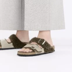 Birkenstock Arizona Teddy Split Suede Leather-Shearling Concrete Gray/ Stone Coin -Birkenstock Sale Store 1027882 f closeup f