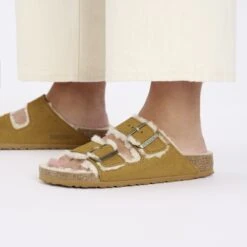 Birkenstock Arizona Shearling Suede Leather-Shearling Corduroy Cork Brown -Birkenstock Sale Store 1028258 f closeup f