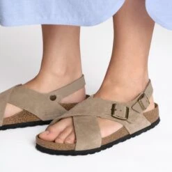 Birkenstock Tulum Soft Footbed Nubuck-Suede Leather Taupe -Birkenstock Sale Store 1029840 f closeup f