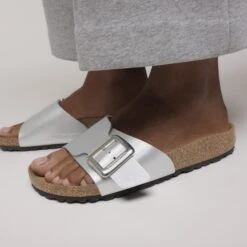 Birkenstock Catalina Luxe Buckle Birko-Flor Silver Metallic -Birkenstock Sale Store 1030920 f closeup f